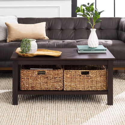 Walker Edison Alayna Mission Style Two Tier Coffee Table with Rattan Storage Baskets, 40 Inch, Espresso - WoodArtSupply