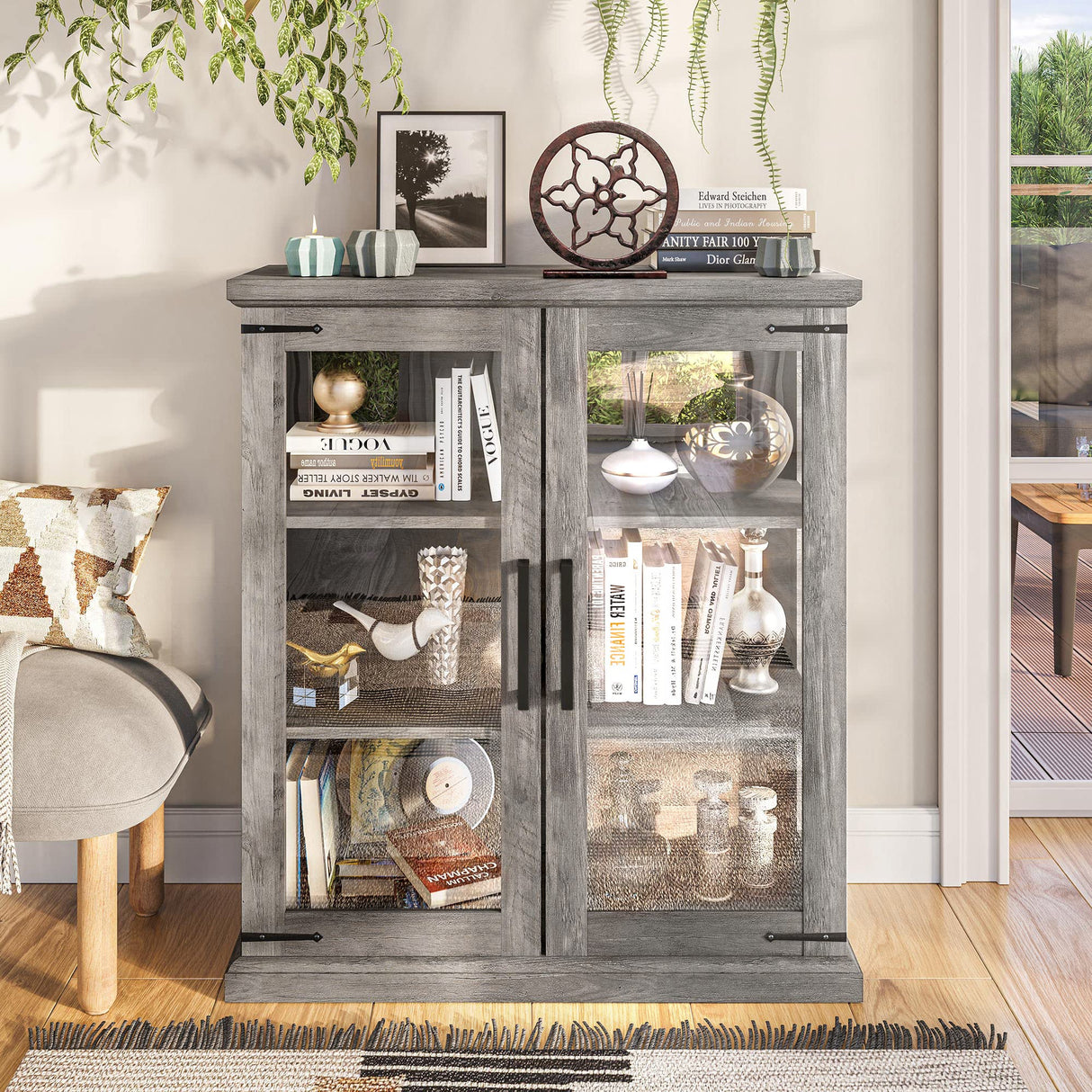 BELLEZE Storage Cabinet with Shelves and Glass Doors Glass Display Cabinet Pantry Cabinet Organizer 3 Tiers Curio Cabinet Hutch Cabinet for Entryway Living Room Hallway Kitchen - Ashford (Gray Wash) BELLEZE