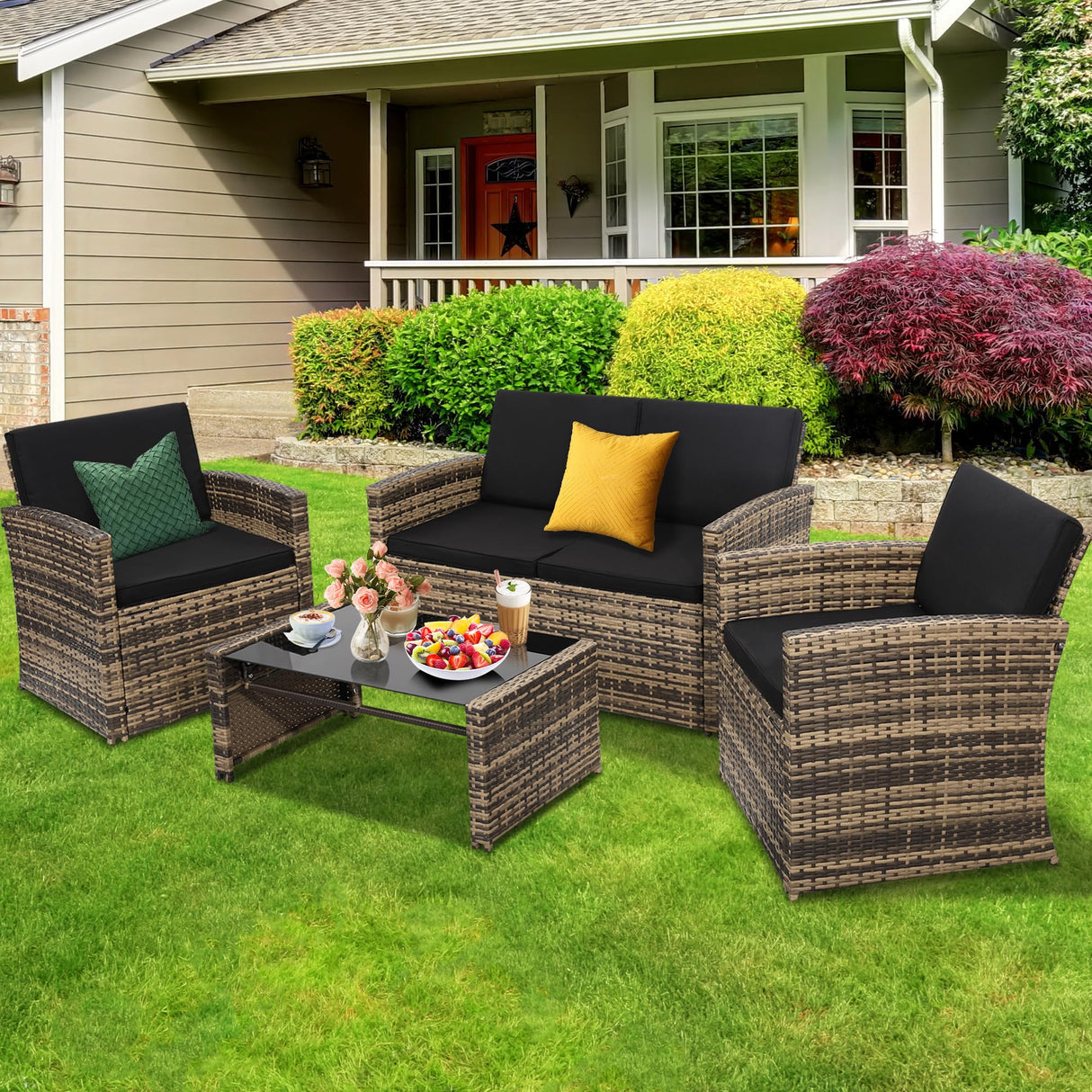 KROFEM 4 Pieces Patio Conversation Set, Outside Rattan Sectional Sofa, Cushioned Furniture Set, Wicker Sofa Ideal for Garden, Porch, Backyard, Natural Color Rattan and Black Cushion KROFEM