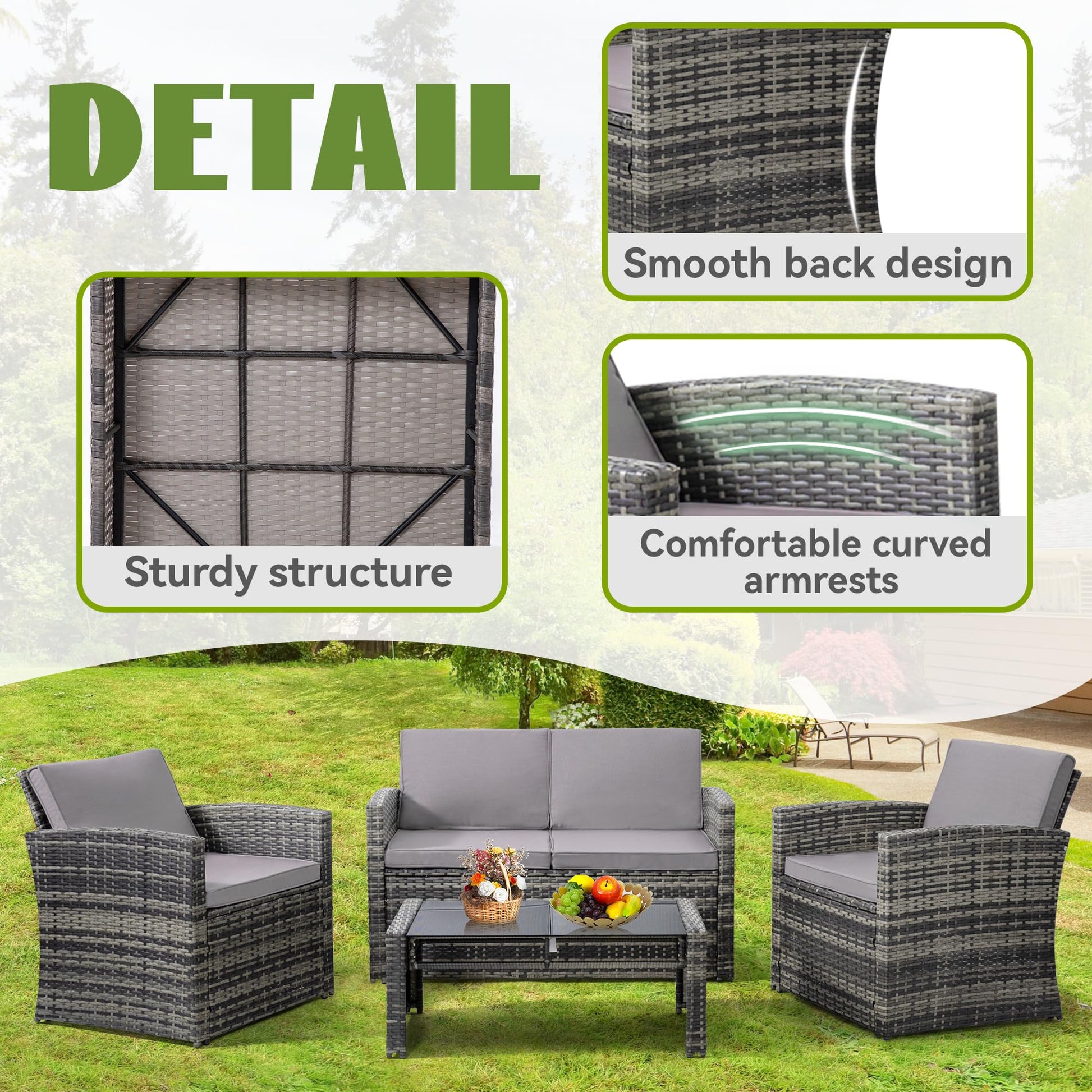 KROFEM 4 Pieces Patio Conversation Set, Outside Rattan Sectional Sofa, Cushioned Furniture Set, Wicker Sofa Ideal for Garden, Porch, Backyard, Grey Color Rattan and Light Grey Cushion - WoodArtSupply