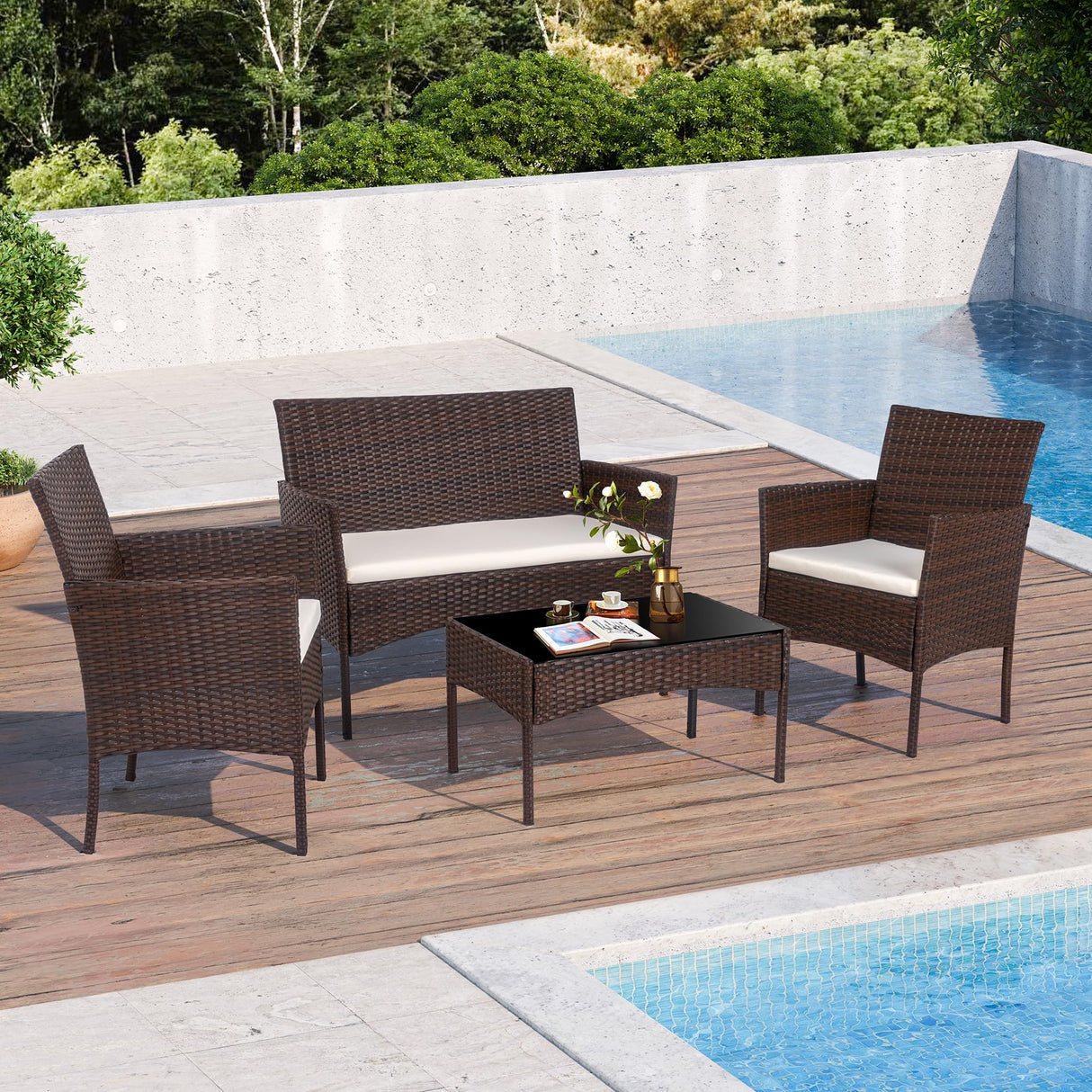 Shintenchi 4 Piece Outdoor Patio Furniture Set, Wicker Rattan Patio Conversation Set, Outdoor Chairs and Loveseat with Coffee Table for Porch, Yard & Poolside (Brown) Shintenchi