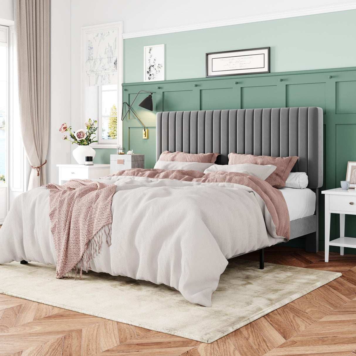 Allewie Full Bed Frame, Velvet Upholstered Platform Bed with Adjustable Vertical Channel Tufted Headboard, Mattress Foundation with Strong Wooden Slats, Box Spring Optional, Easy Assembly, Grey Allewie