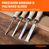 Jorgensen 4-Piece Wood Chisel Set, Chromium Alloy Steel Beveled Edge Wood Chisels, Wood Chisels for Woodworking, Ergonomic Hardwood Handle with Metal Ferrule, 1/4", 1/2", 3/4", 1" Jorgensen