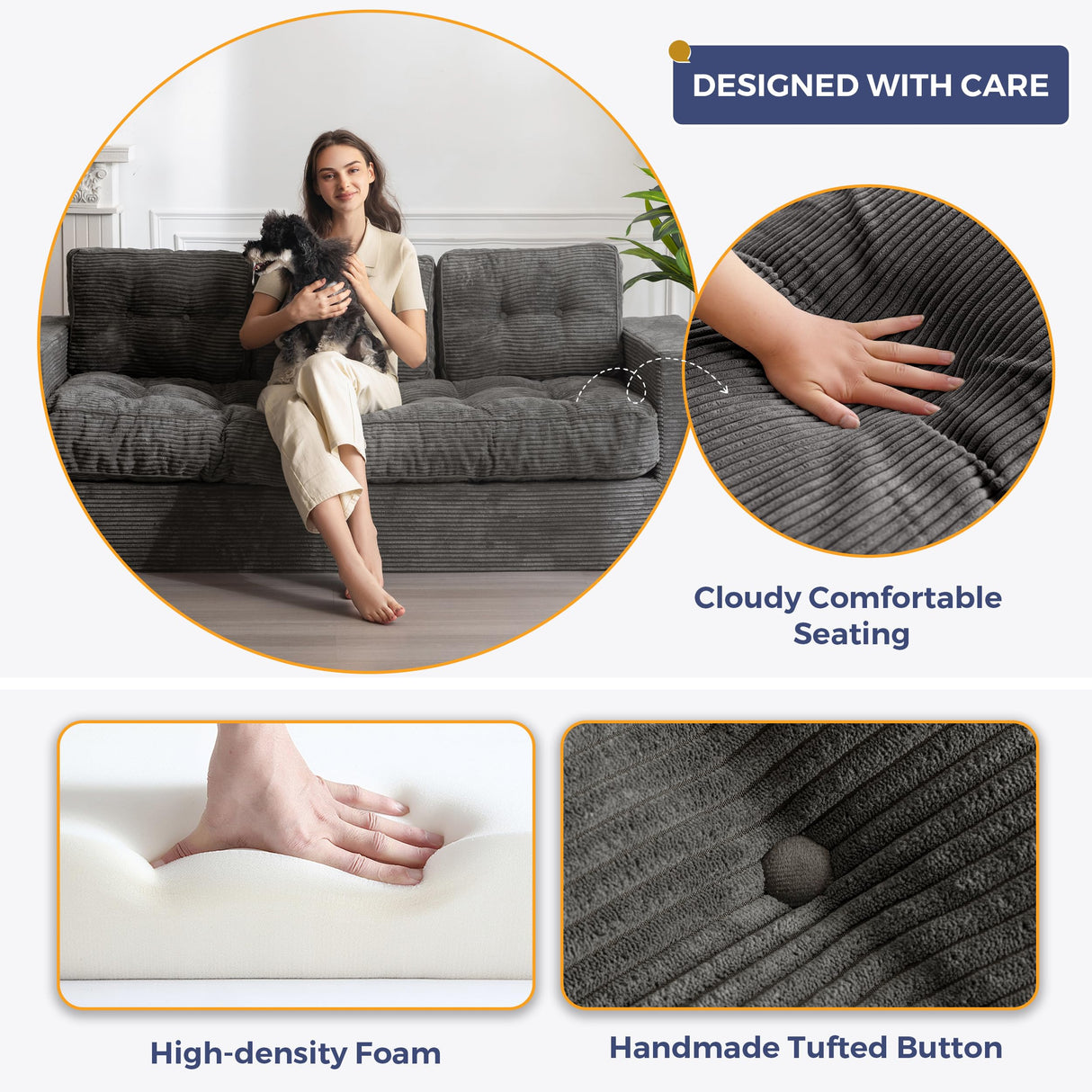 MAXYOYO 3 Seater Couch for Living Room, Boneless Couch with Tufted Cushion & Backrest, Upholstered Floor Sofa, Sofa in A Box, Dark Grey MAXYOYO