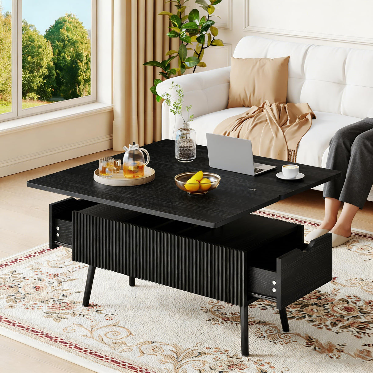 Cakhdry 40" Lift Top Coffee Table, 4 in 1 Multi-Function Coffee Tables with Storage Drawers and Expandable Desktop, Mid Century Modern Fluted Dining Table Center Table for Living Room, Black Cakhdry
