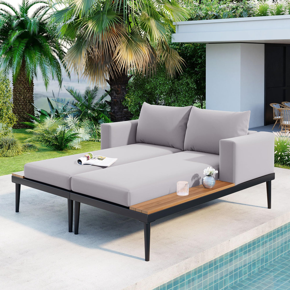 Polibi Patio Metal Daybed with Wood Topped Side Spaces for Drinks,Modern Outdoor Daybed 2 in 1 Padded Chaise Lounges for Poolside, Balcony, Deck,Gray Polibi