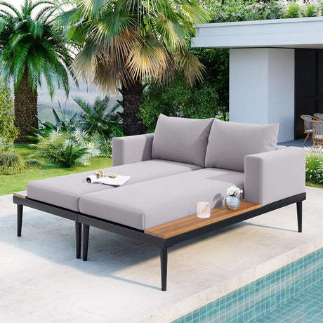 Polibi Patio Metal Daybed with Wood Topped Side Spaces for Drinks,Modern Outdoor Daybed 2 in 1 Padded Chaise Lounges for Poolside, Balcony, Deck,Gray Polibi
