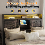 Fameill Farmhouse Full Size Bed Frame with 4 Drawers, Bookcase Headboard, LED Lights, Charging Station & Sliding Barn Door Shelves in Dark Rustic Oak Fameill