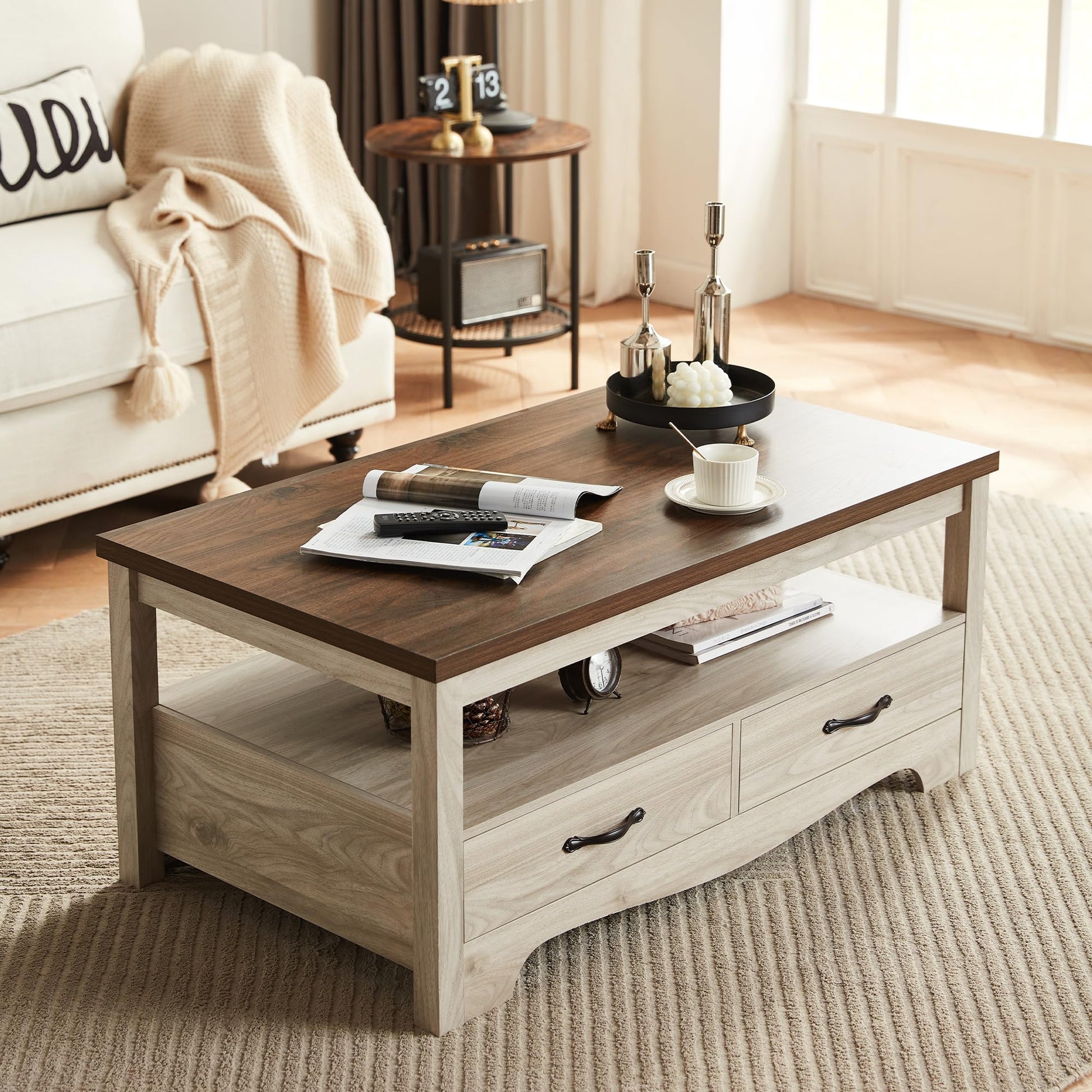 LINSY HOME Farmhouse Coffee Table with Storage, Wood Coffee Table for Living Room, Open Display Area and Storage Drawers with Metal Handles, Chic Style with Curved Base. Oak and Brown - WoodArtSupply