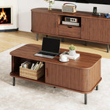 Coffee Table with Storage, 47.2" Mid Century Modern Coffee Tables for Living Room, Rectangle Wood Center Table with Sliding Tambour Door & Adjustable Leg for Living Room, Walnut ONBRILL