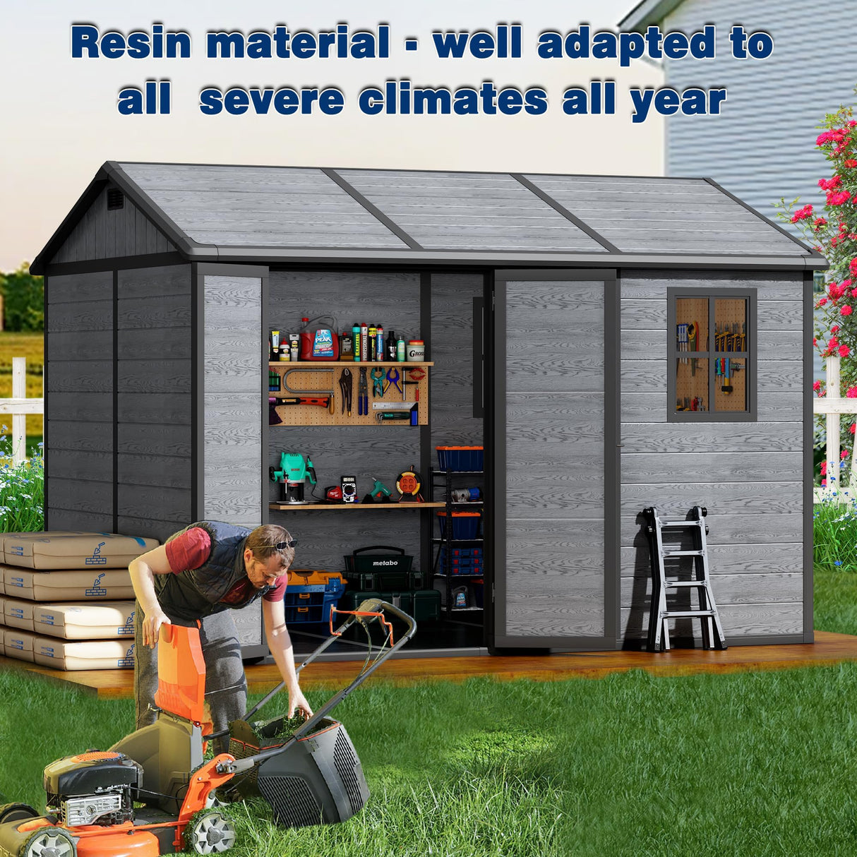 10x8 FT Resin Outdoor Storage Shed with Floor, Weather-Resistant Plastic Garden Shed with Windows, Lockable Door and Vents, Outside Tool Storage Sheds for Backyard, Garden, Lawn, Wood Grain Pipleo