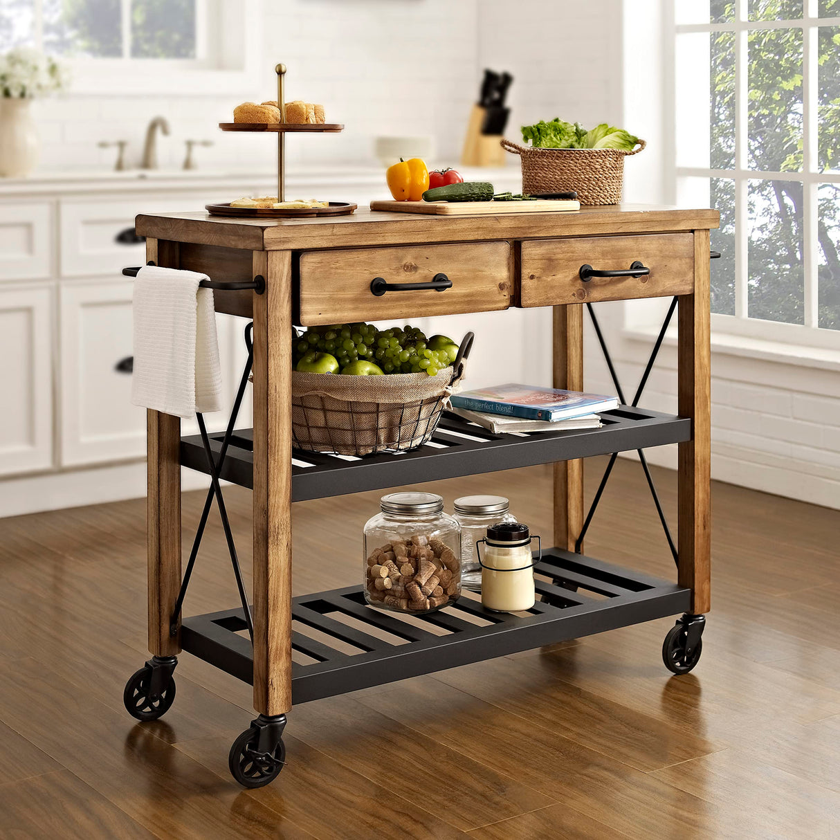 Crosley Furniture Roots Rack Industrial Rolling Kitchen Cart, Natural Crosley Furniture