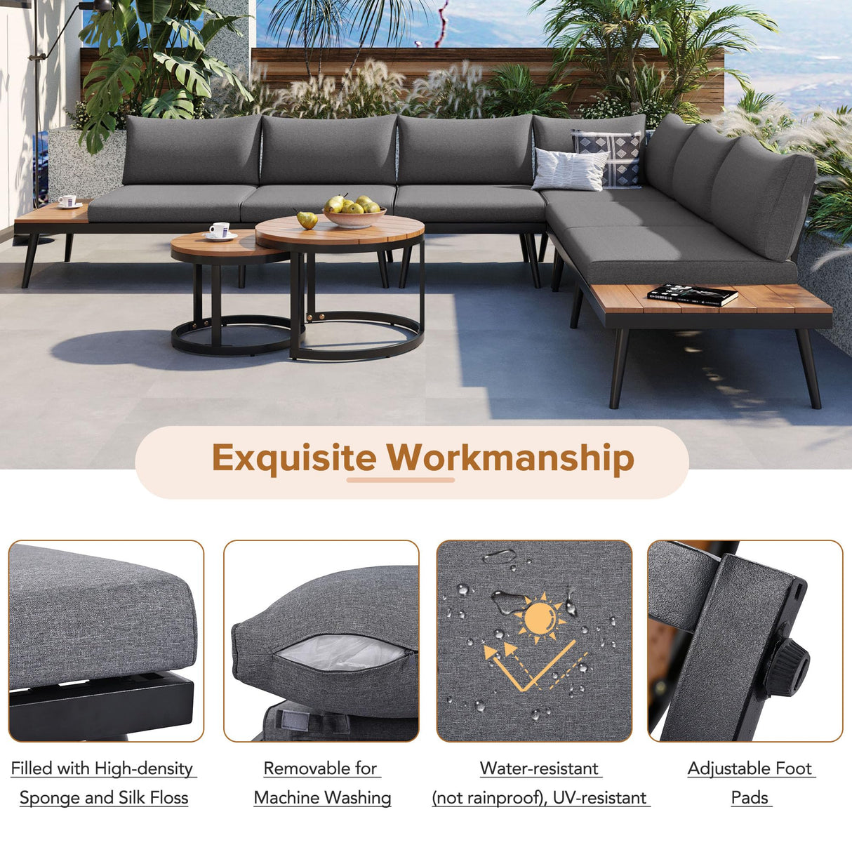 Tdewlye 6 Piece Outdoor Sectional Furniture Sofa Conversation Set with Round Nesting Coffee Tables and Seating Sofa with 6 Cushions+7 Pillows for Patio, Porch and Garden (Grey-@8.9) Tdewlye