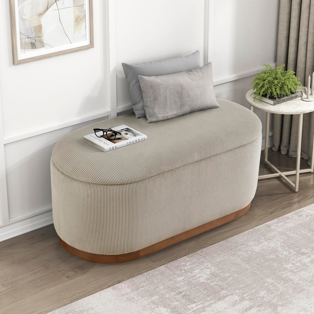 Lexicon Lift Top Storage Bench, Corduroy Fabric Upholstered Oval Entryway Bench, Modern Striped Storage Chest for Entryway/Living Room/Bedroom, Taupe Lexicon