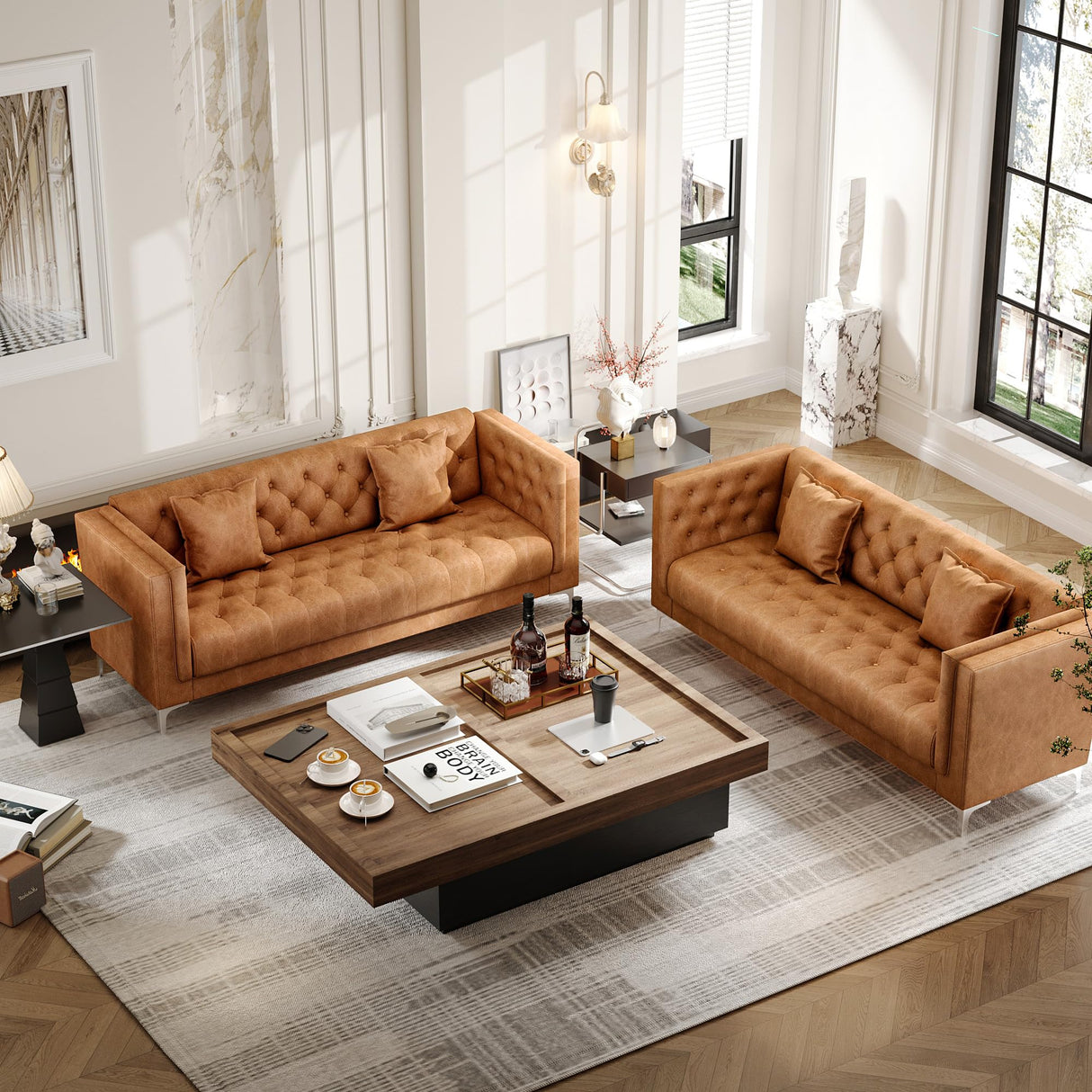 HIFIT 79'' Modern Sofa Couches for Living Room, 3 Seater Sofa with Deep Seats and 2 Pillows, Handmade Button Tufted Leather Couch for Apartment | Office 79''W x 30''D x 30''H, Brown HIFIT