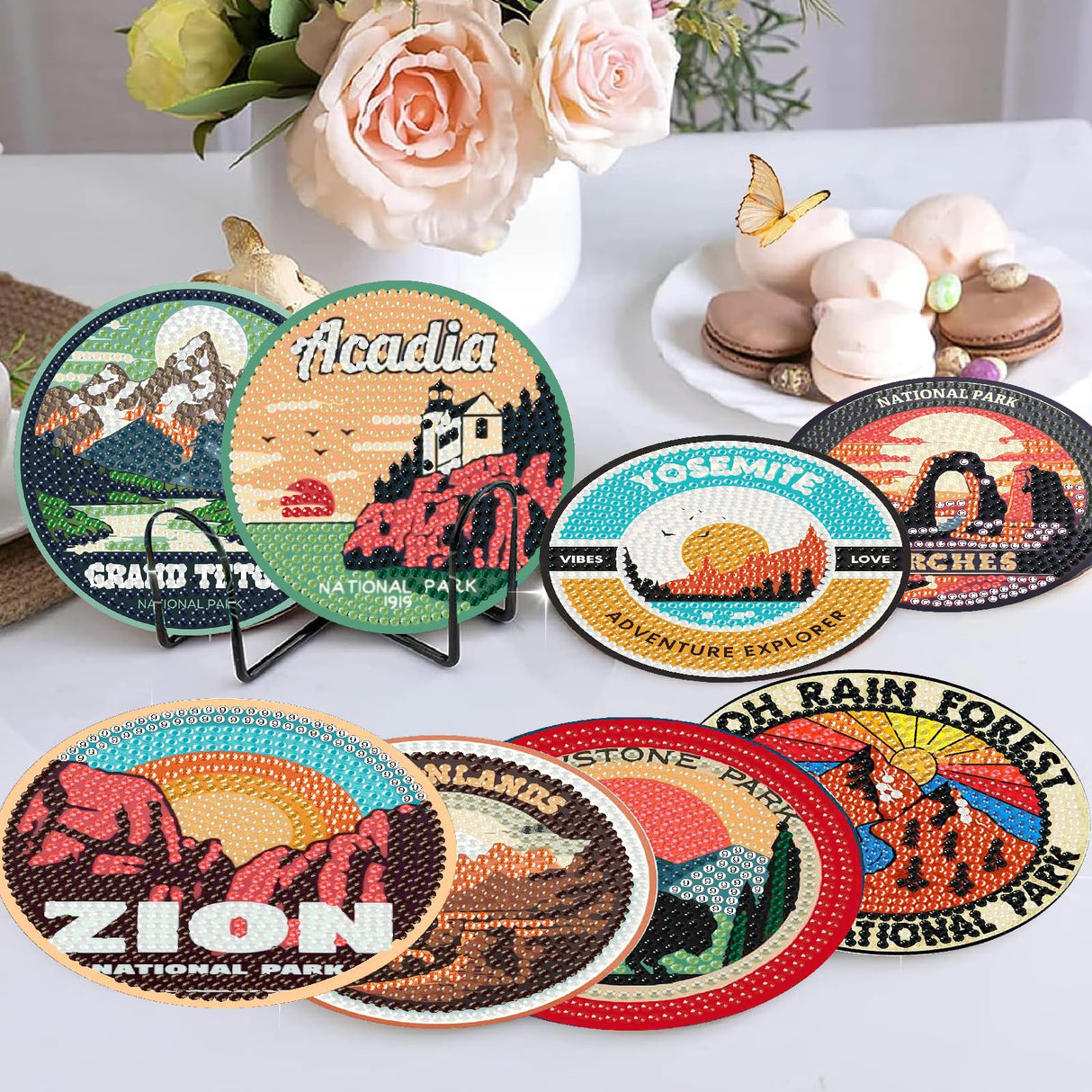NEGEKFKX 8 Pcs National Park Diamond Art Painting Coasters Kits, Coaster with Holder for Adults, Non-Slip DIY Dot Paint Craft Kits,5D Full Drill DIY Diamond Dot Gem Art Kit Home Decor Arts Craft NEGEKFKX