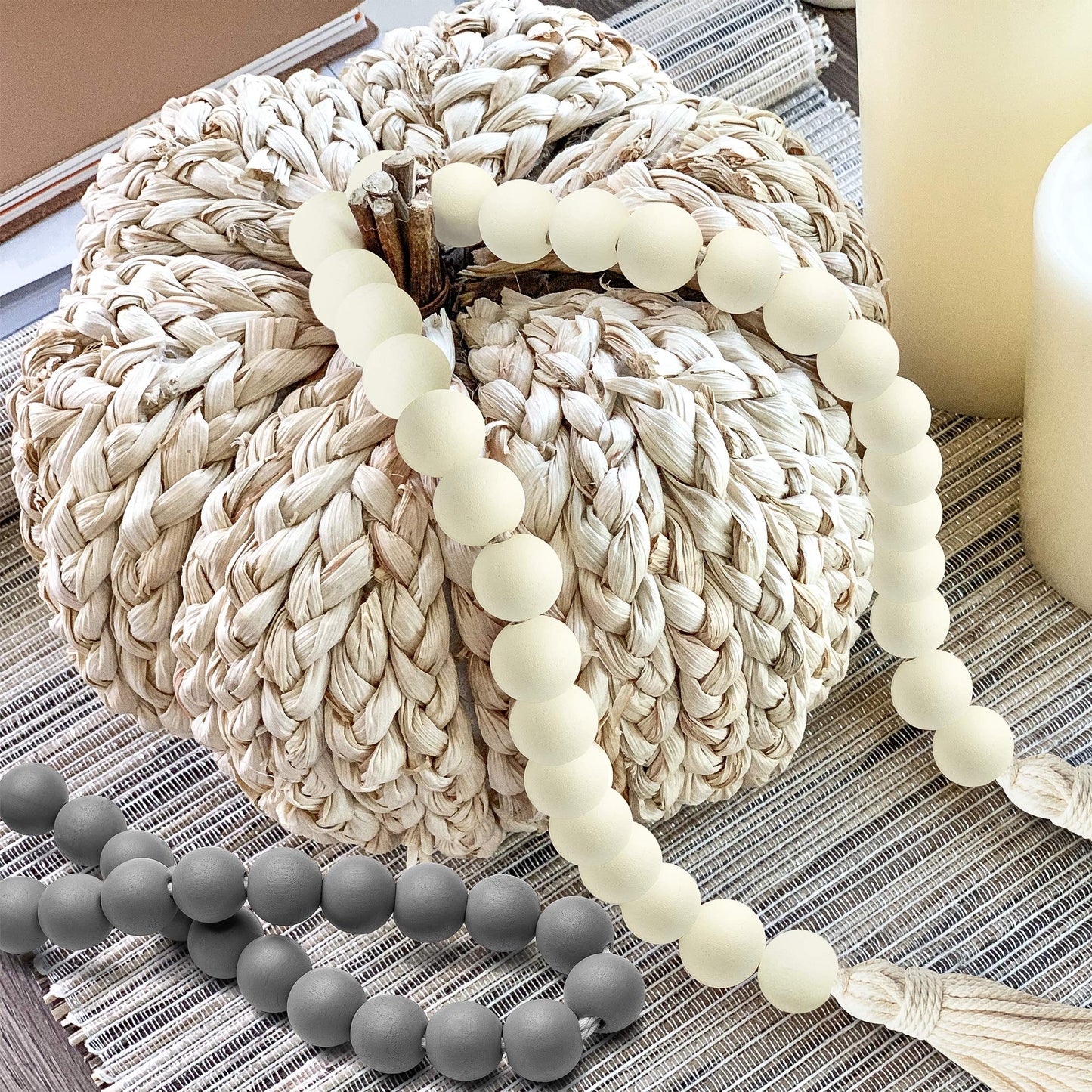 R HORSE 2Pcs Classic Wood Beads Tassel, 27 Inch White & Gray Wood Bead Garland Farmhouse Rustic Beads with Jute Rope Plaid Tassel Natural Wood Beads for Christmas Home Décor