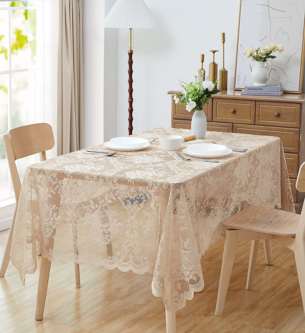 Warm Home Designs 60 x 120 Lace Tablecloth. Linen Gold Rectangle Tablecloth with English Rose Design. Rectangular Tablecloth, Rustic Tablecloth or Dining Table Cover for 10-12 Guests. LTC Linen 120" Warm Home Designs