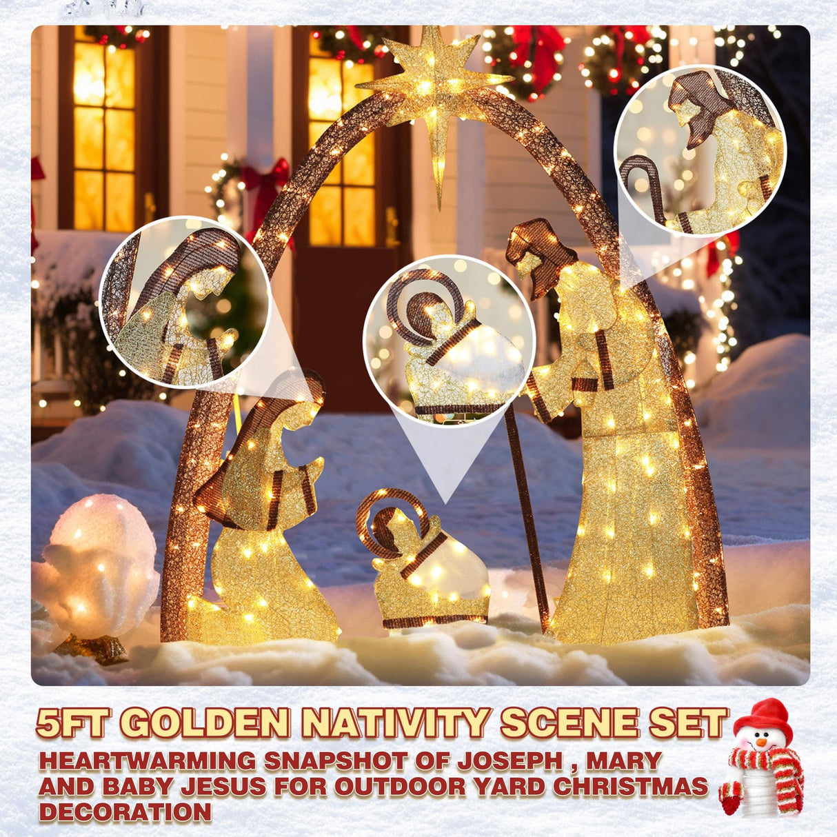 MUPATER Lighted Outdoor Christmas Decoration Nativity Scene, Lighted Christmas Yard Decor Set for Lawn and Home Holiday Party with Lights, Zip Ties and Ground Stakes, Gold MUPATER