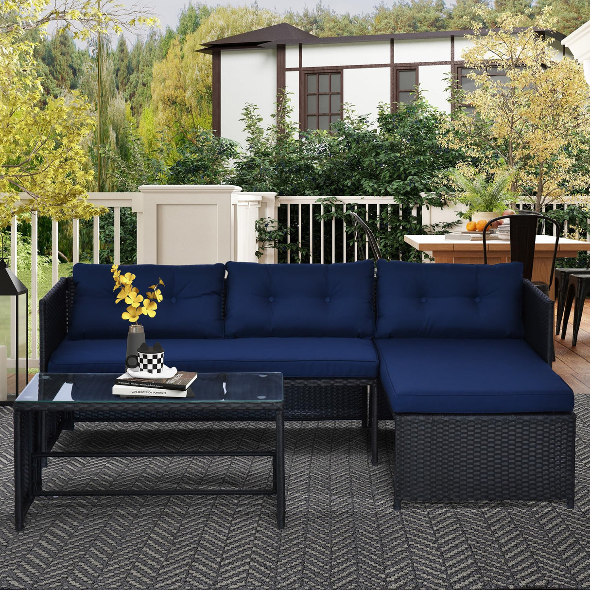 Outsunny 3 Piece Patio Furniture Set, Rattan Outdoor Sofa Set with Chaise Lounge & Loveseat, Soft Cushions, Tempered Glass Table, L-Shaped Sectional Couch, Blue Outsunny