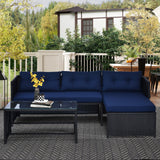 Outsunny 3 Piece Patio Furniture Set, Rattan Outdoor Sofa Set with Chaise Lounge & Loveseat, Soft Cushions, Tempered Glass Table, L-Shaped Sectional Couch, Blue Outsunny