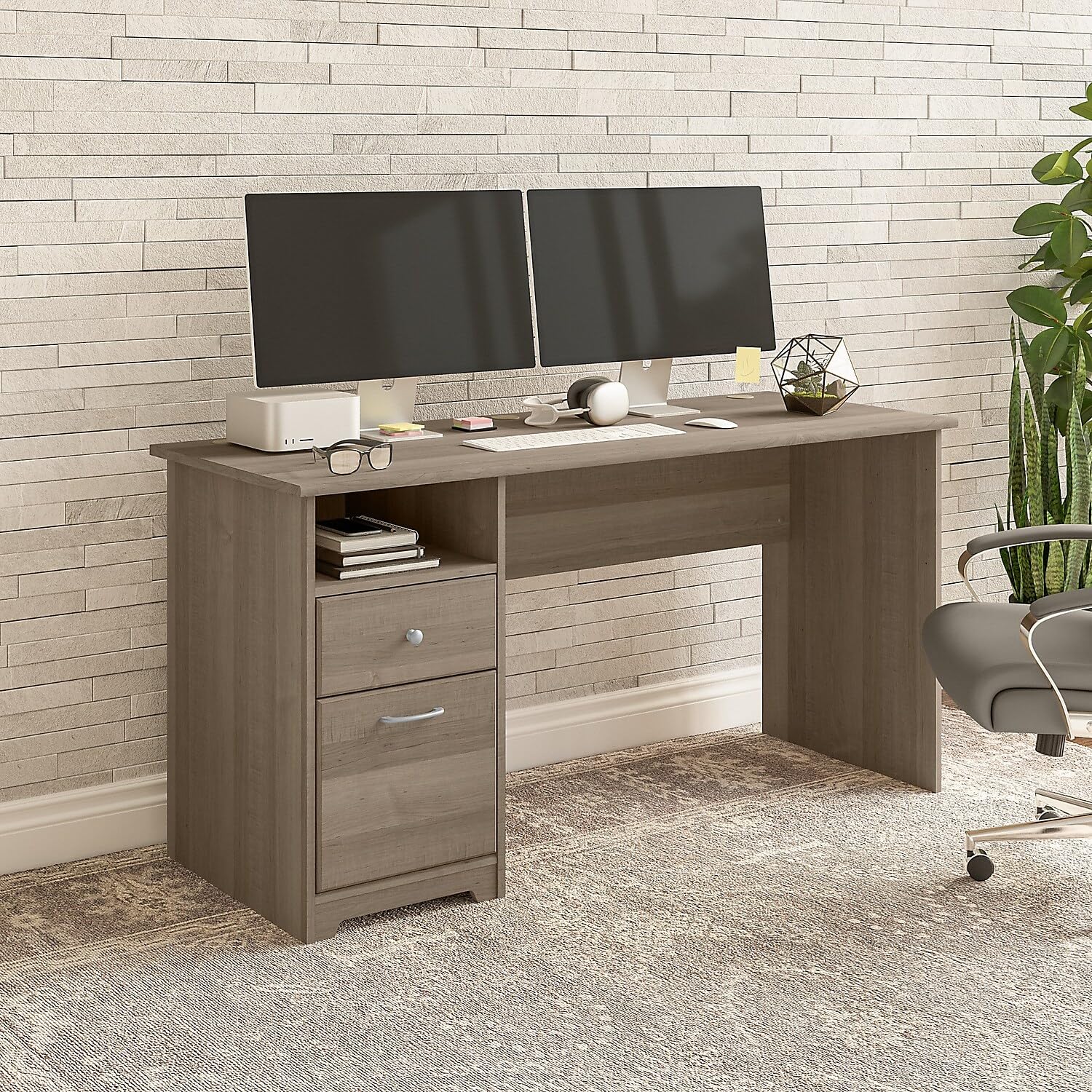 Bush Furniture Cabot 60W Office Desks for Home Office with Storage and Chrome Hardware | Elegant Computer Table with Drawers, Ash Gray - WoodArtSupply