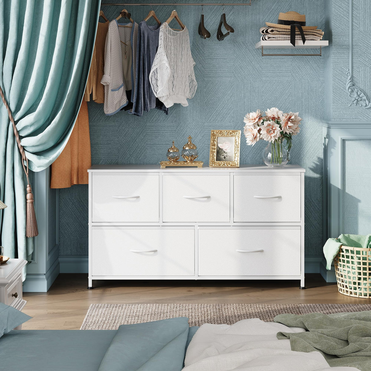 WLIVE Dresser for Bedroom with 5 Drawers, Wide Chest of Drawers, Fabric Dresser, Storage Organization Unit with Fabric Bins for Closet, Living Room, Hallway, White WLIVE