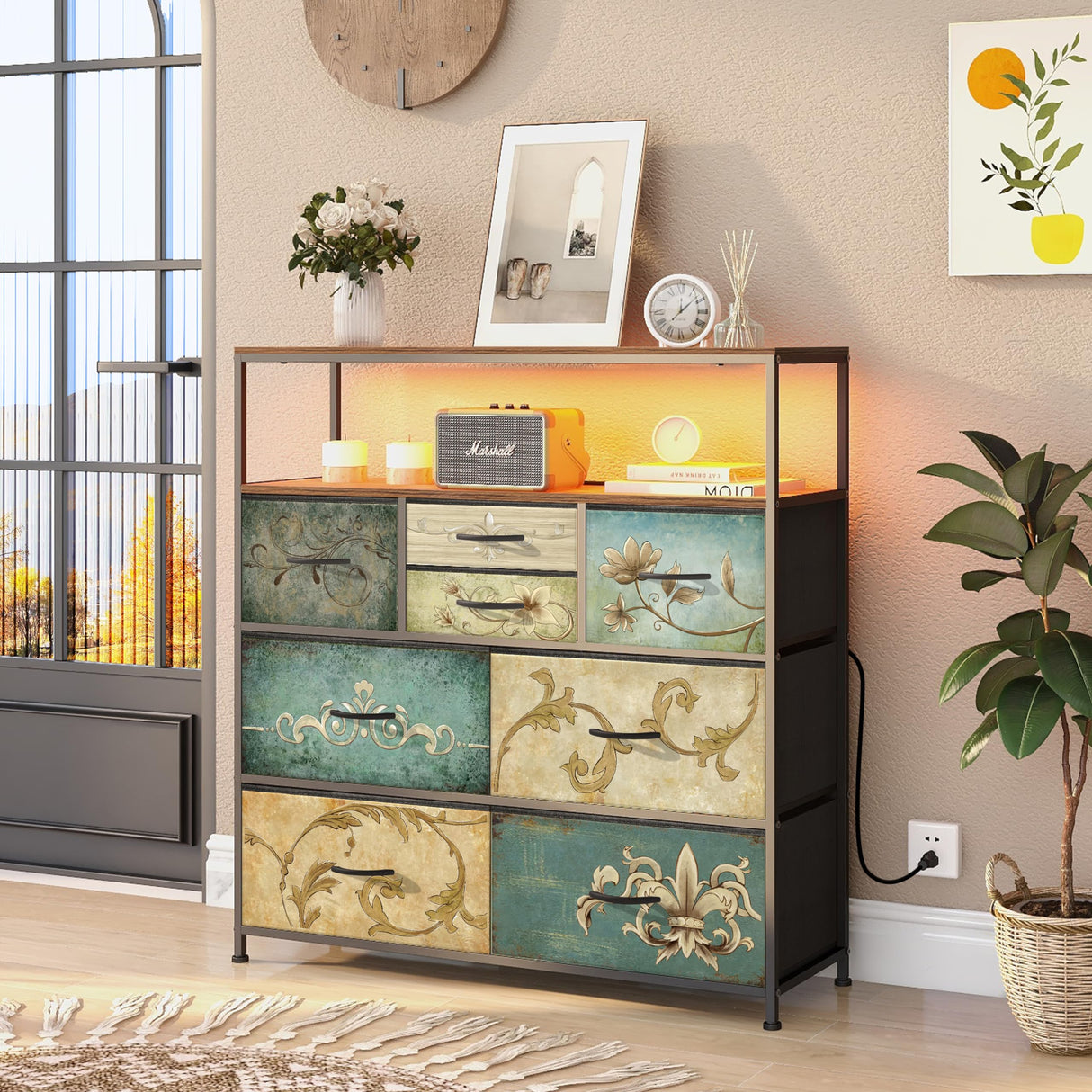 Tohomeor TV Stand with Power Oulet Dresser with Charging Station & LED Light Dresser with 8 Fabric Drawers for Living Room Storage Chest of Drawers Retro Dresser with Open Shelf Wooden Top Tohomeor