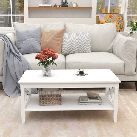 ChooChoo White Coffee Table Classic X Design for Living Room, Rectangular Modern Cocktail Table with Storage Shelf, 39 Inch ChooChoo