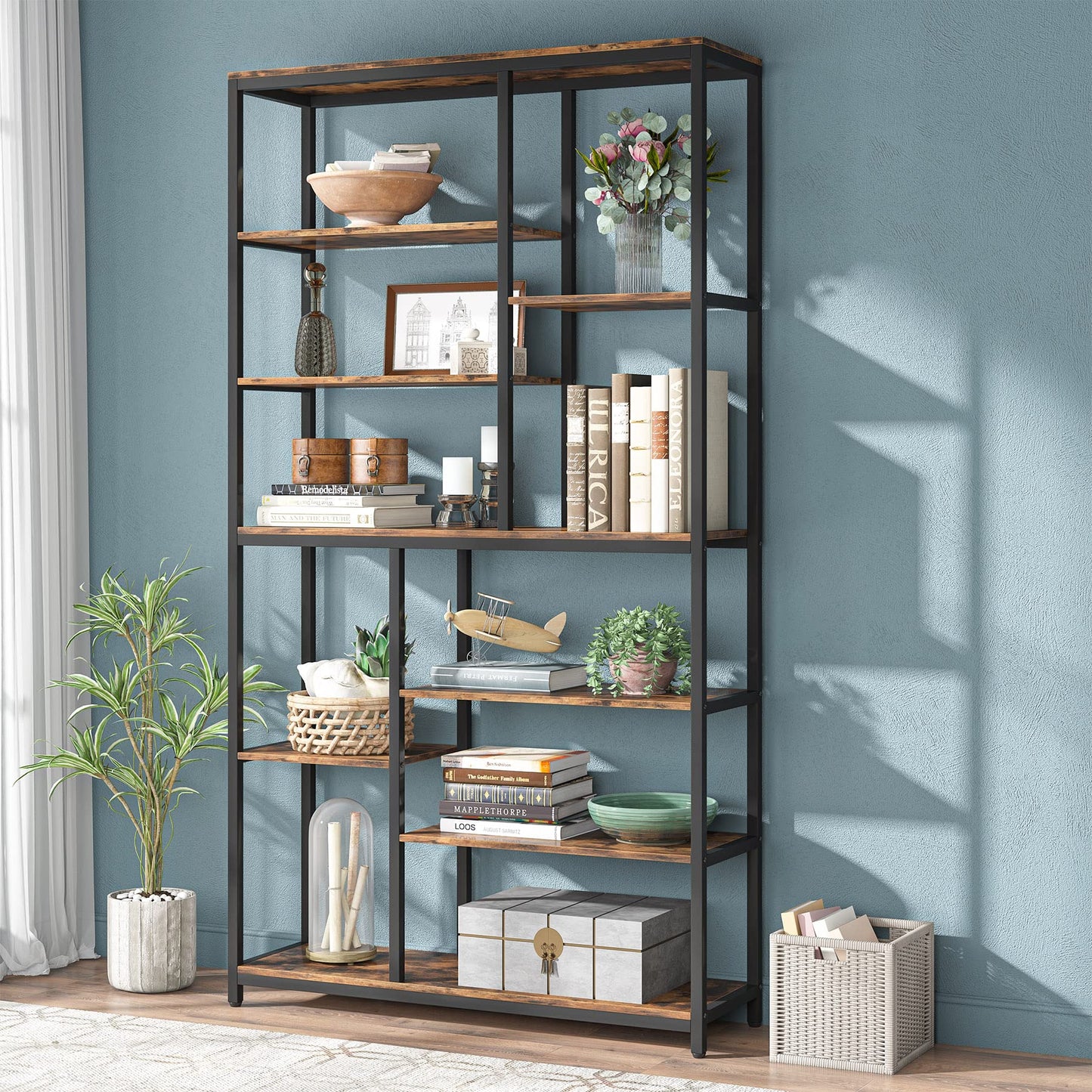 Tribesigns 79-Inch Tall Staggered 8-Tier Bookshelf in Black & Rustic Finish - WoodArtSupply