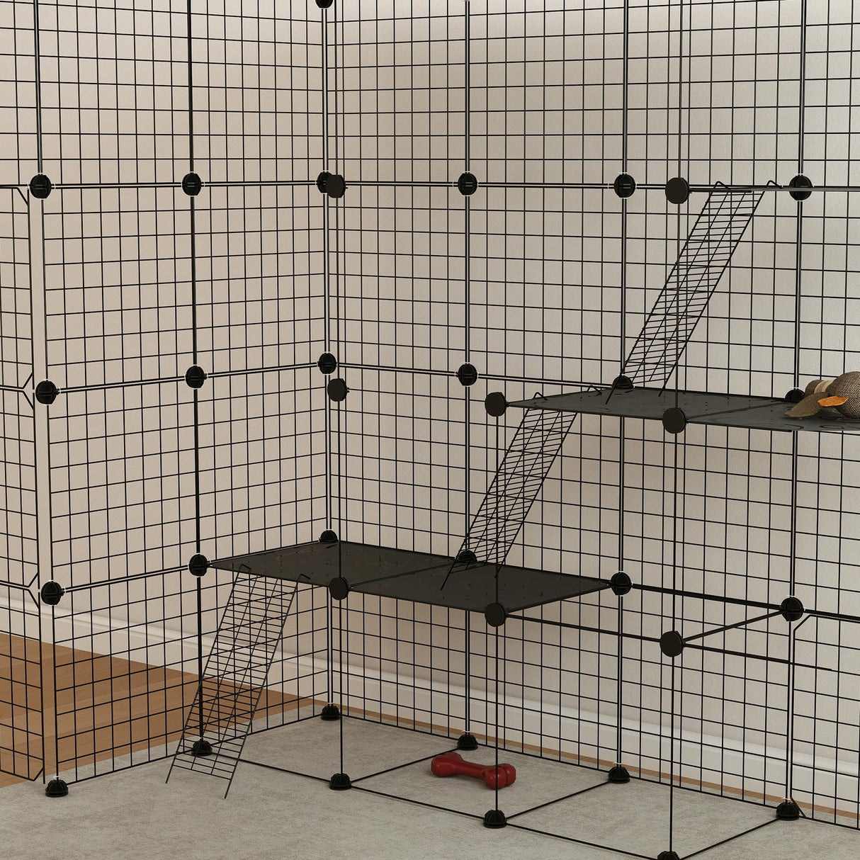 PawHut Cat Cage, 4 x 4 x 4 DIY 4 Tier Cat Enclosure, Detachable Wire Indoor Catio with Hammock, Jumping Platforms, Ramps, Doors, for 1-3 Kittens, 55" L x 55" W x 55" H, Black PawHut