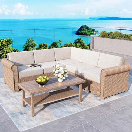 Patio Furniture Set 6 Piece, Wicker Rattan Sectional Sofa Couch with 5.5" Thick Waterproof Cushion and Coffee Table, L Shape All Weather Outdoor Conversation Set for Lawn Backyard Deck, Beige SUNSHINE VALLEY