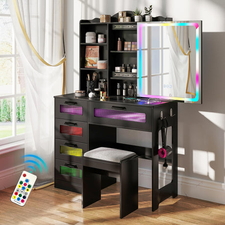 SumKea RGB LED Vanity Desk, Makeup Vanity Table with Mirror and Lights, Vanities Dressing Table with Drawers, Cushioned Stool, Black SumKea