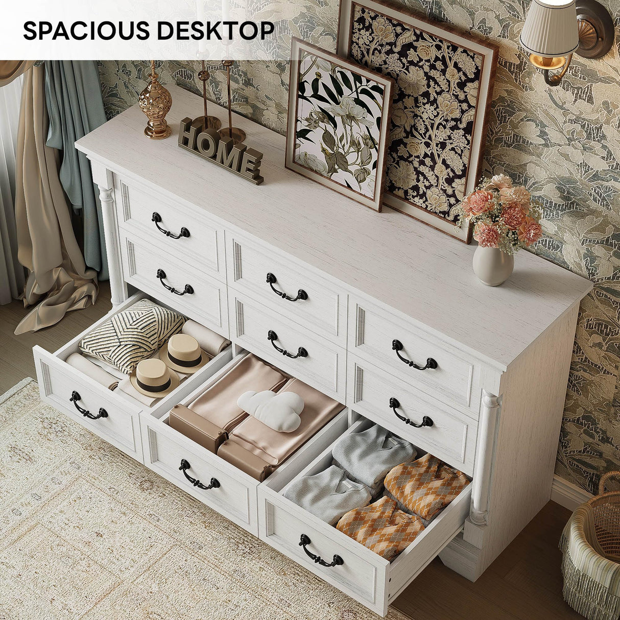 LIKIMIO Farmhouse Dresser for Bedroom with 9 Drawers, 58" Wide Wood Chest of Drawers with Roman Column, Dresser TV Stand for 65", Closet Storage Dressers Organizer for Bedroom, Living Room, Hallway LIKIMIO