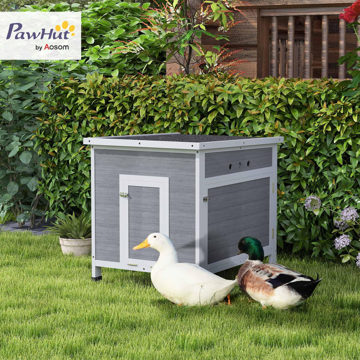 PawHut Duck Coop, Wooden Rabbit Hutch with Openable Roof, Removable Floor, Double Doors, Ramp, Weatherproof Pet House, Small Animal Outdoor Shelter for 2-4 Chickens, Geese, 25" x 32" x 30" PawHut