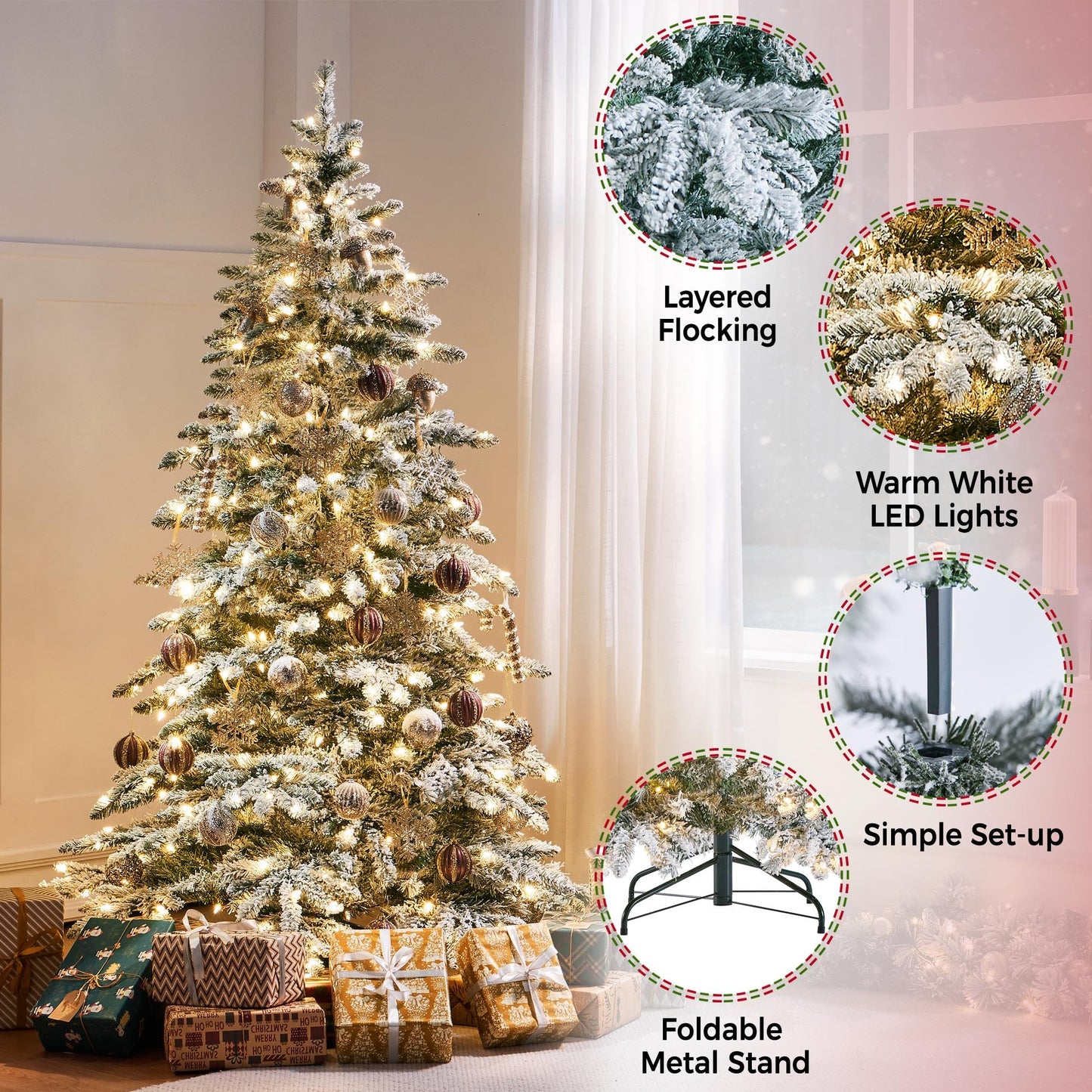 Yaheetech 6ft Pre-Lit Artificial Christmas Tree with 400 Warm White LED Lights & 940 PVC Tips,Hinged Snow Flocked Xmas Tree with Foldable Stand & Protective Sheet,Green & White