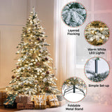Yaheetech 6ft Pre-Lit Artificial Christmas Tree with 400 Warm White LED Lights & 940 PVC Tips,Hinged Snow Flocked Xmas Tree with Foldable Stand & Protective Sheet,Green & White Yaheetech