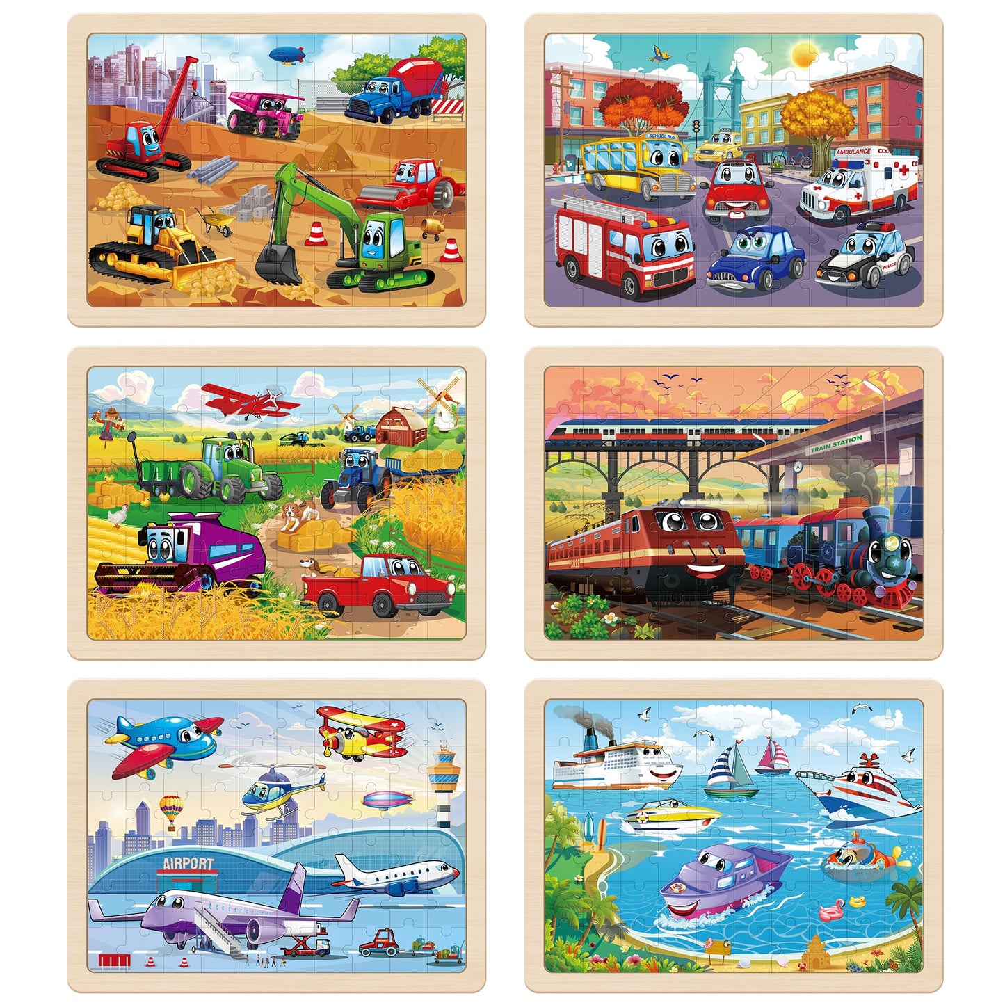 SYNARRY Wooden Vehicle Puzzles for Kids Ages 4-6, 6 Packs 60 PCs Jigsaw Puzzles Preschool Educational Toys Gifts for Children Ages 4-8, Kids Puzzles for 4+ Year Olds Boys Girls, Wood Puzzles Ages 3-10