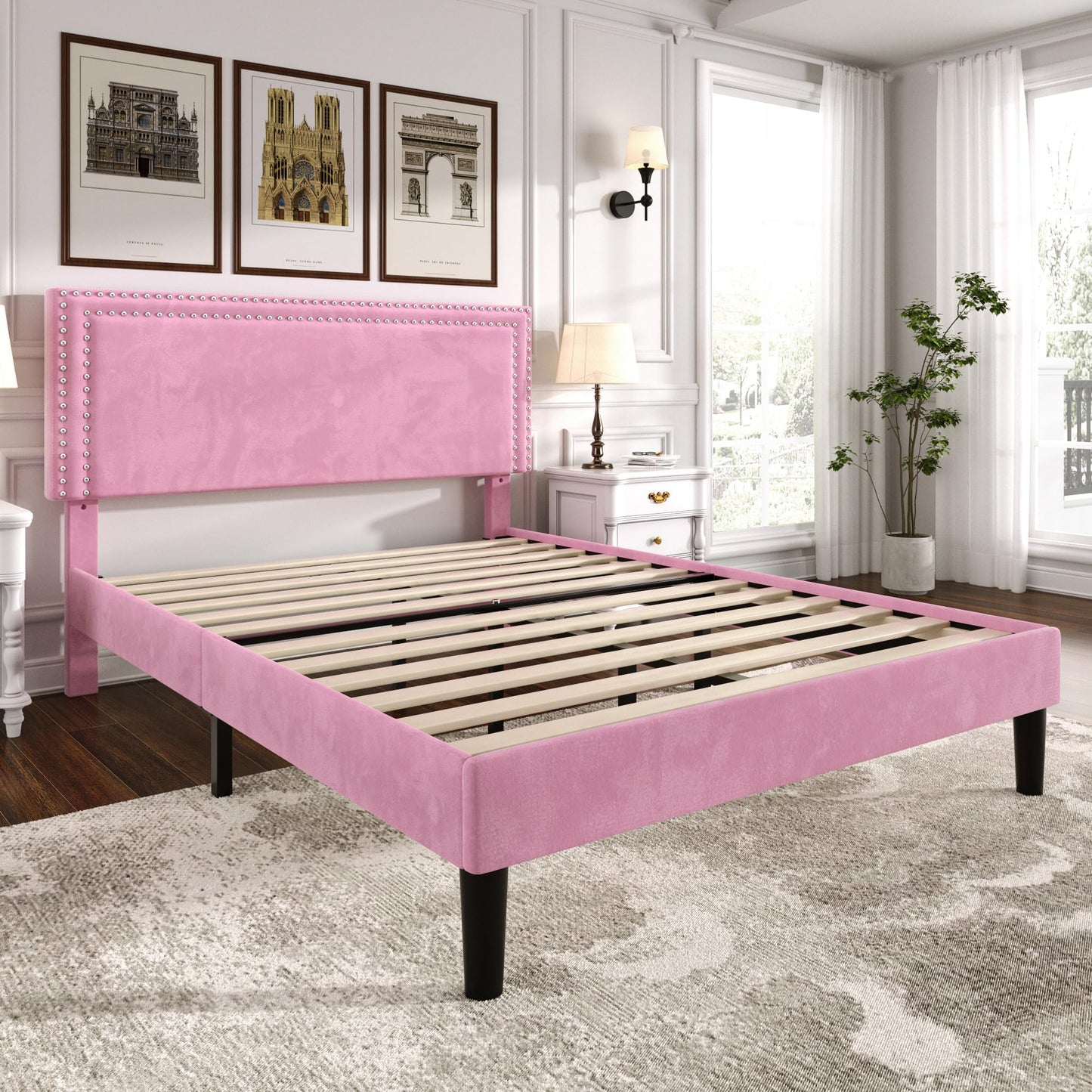 VECELO Queen Size Bed Frame with Adjustable Upholstered Headboard, Wooden Slats Platform, Noise-Free Design, Easy Assembly