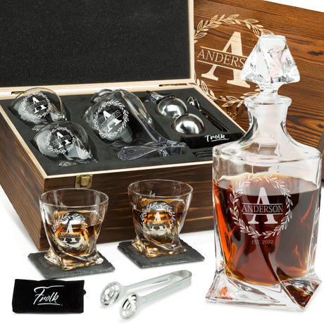 Personalized Whiskey Decanter and Stones Set - Customized Gift for Him - Men, Dad, Father - Engraved Twisted Whiskey Decanter, 2 XL Glasses, 2 XL Frolk