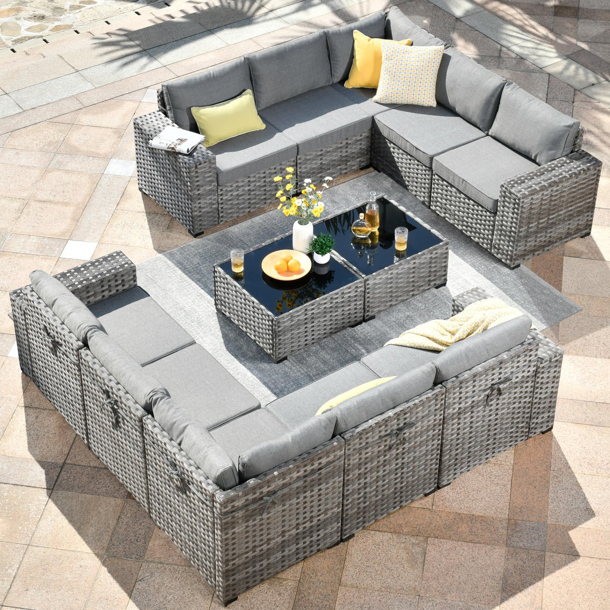 HOOOWOOO 12 Piece Modular Patio Outdoor Sectional Furniture Sofa Set,Wicker Conversation Set,Out Door Couch Set with Wide Arm for Outside All Weather(Dark Grey) HOOOWOOO
