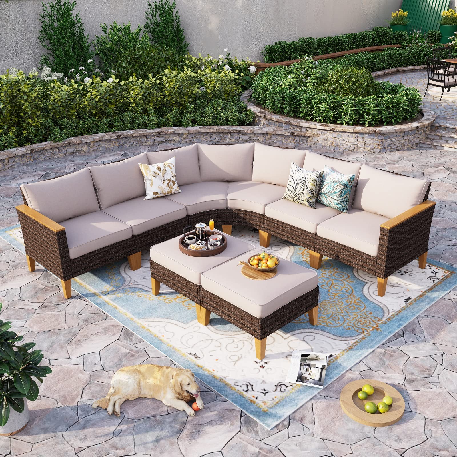 Sophia & William Large Half-Moon Outdoor Patio Furniture Set 8 Piece High Back Wicker Rattan Patio Sectional Furniture Sofa Set Fan-Shaped Conversation Set with Ottomans & 4" Thick Cushions,  - WoodArtSupply