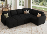 HONBAY Modular Sectional Sleeper Sofa with Pull Out Bed, Velvet Convertible L Shaped Couch with Storage Seat, Sectional Couches for Living Room, Black HONBAY