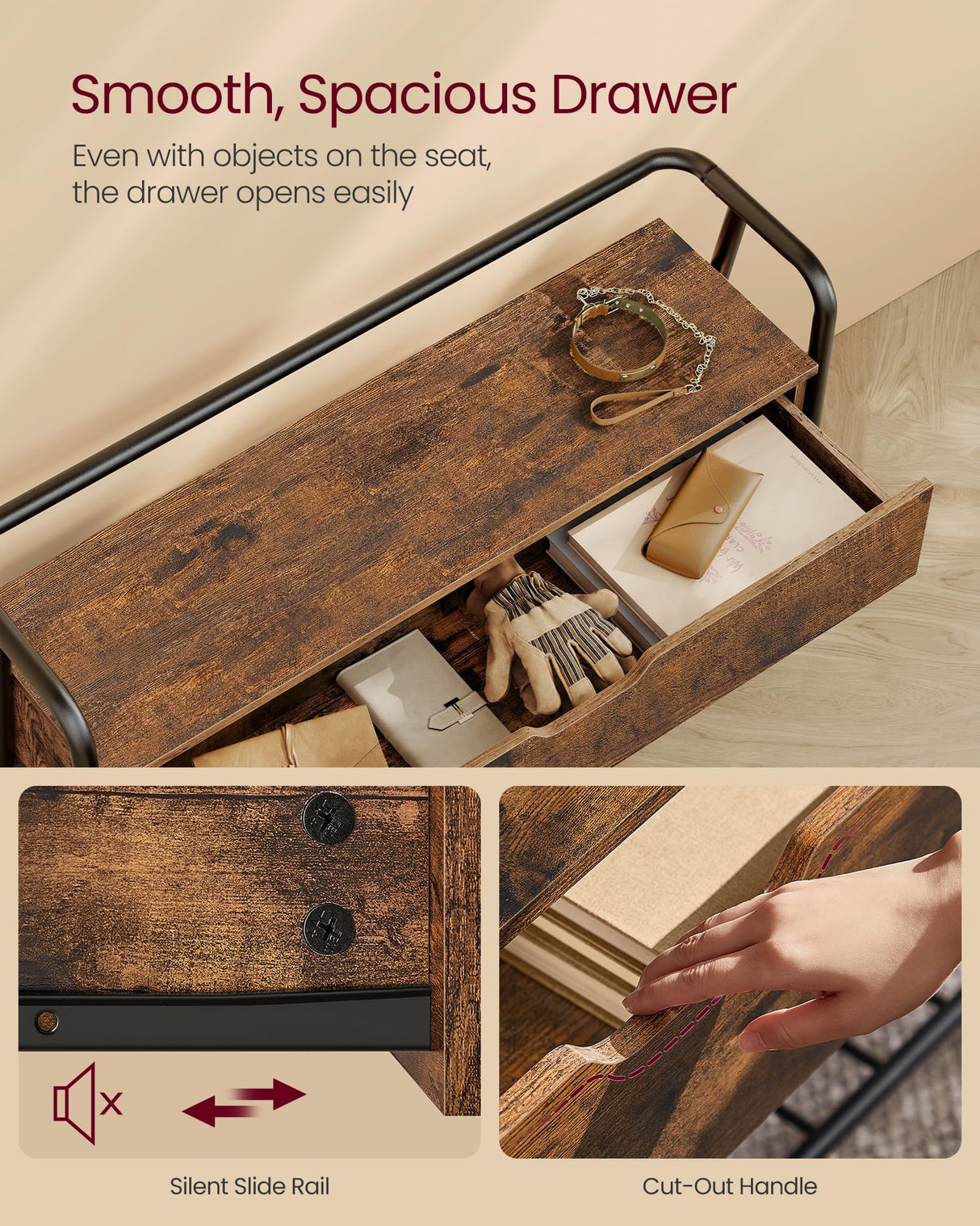 VASAGLE Shoe Storage Bench with Seating, Shoe Bench with Organizer Drawer, Industrial Style, Steel Frame, Holds Up to 600LB, for Entryway, Living Room, Bedroom, Rustic Brown and Ink Black, ULSB151K01 VASAGLE