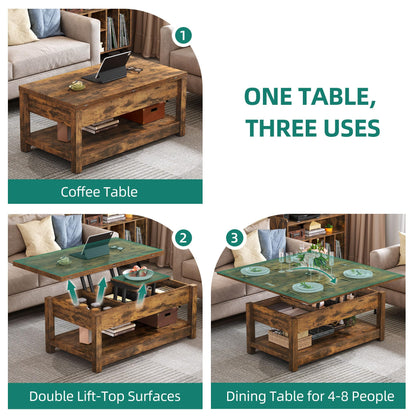 YITAHOME Coffee Tables for Living Room, Lift Top Coffee Table, 3 in 1 Multi-Function Coffee Table, with Storage, Farmhouse Coffee Table Wood Center Table with Hidden Compartment, Rustic Brown - WoodArtSupply