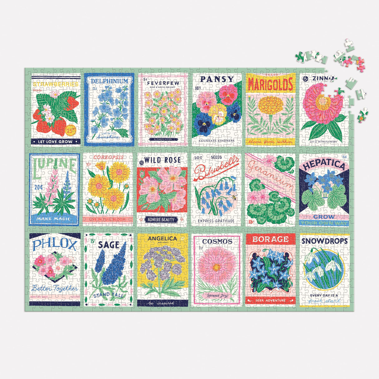 Galison Ever Upward – 1000 Piece Puzzle Fun and Challenging Activity with Bright and Bold Artwork of Vintage Style Flower Seed Packets for Adults and Families Galison
