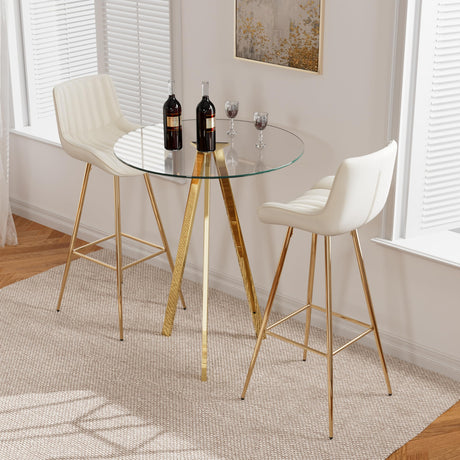 SIZOTA 3 Piece Pub Dining Set, Modern Round Bar Table and Chairs for 2, 30" Counter Height Barstools and Glass Kitchen Table Set, 31" Small Dining Table with 2 Stools(Beige) SIZOTA