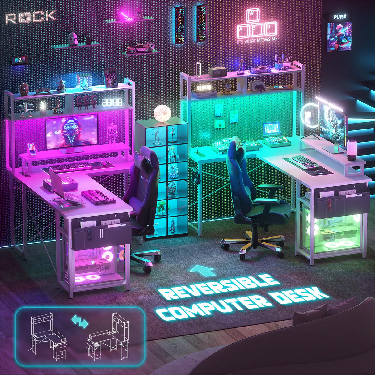 Aheaplus Small L Shaped Desk with Charging Port & LED Strip, Reversible L-Shaped Gaming Desk Computer Desk with Monitor Stand & Storage Shelf, Corner Desks Home Office Desk with Storage Bag, White Aheaplus