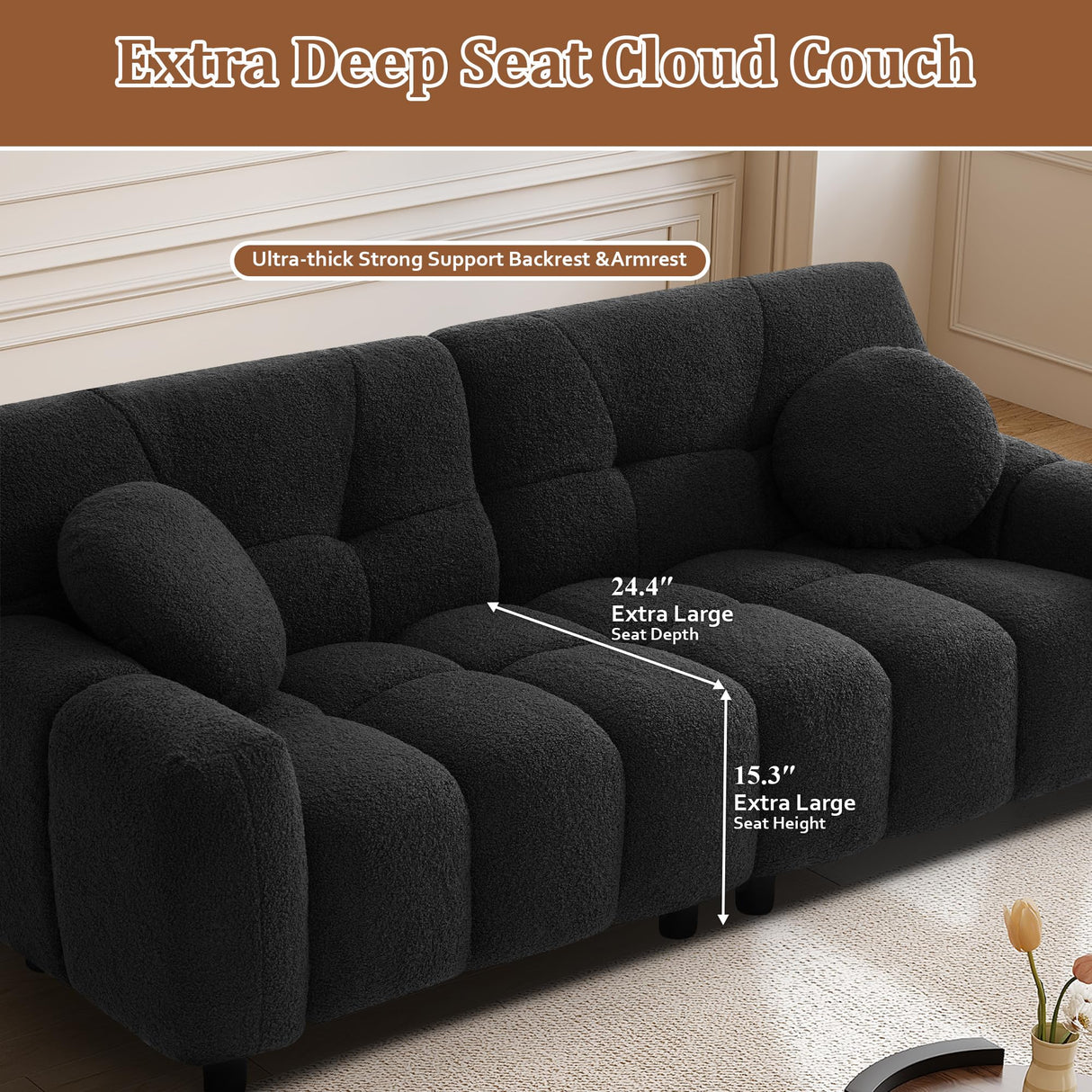 72.8" Boucle Cloud Sofa Couch with 2 Soft Pillows,Comfy Upholstered Teddy 2 Seater LoveSeat Sofa,Modern Deep Seat Sherpa Cloud Couch, Oversized Love Seat for Living Room Bedroom Apartment,Black DAMAIFROM