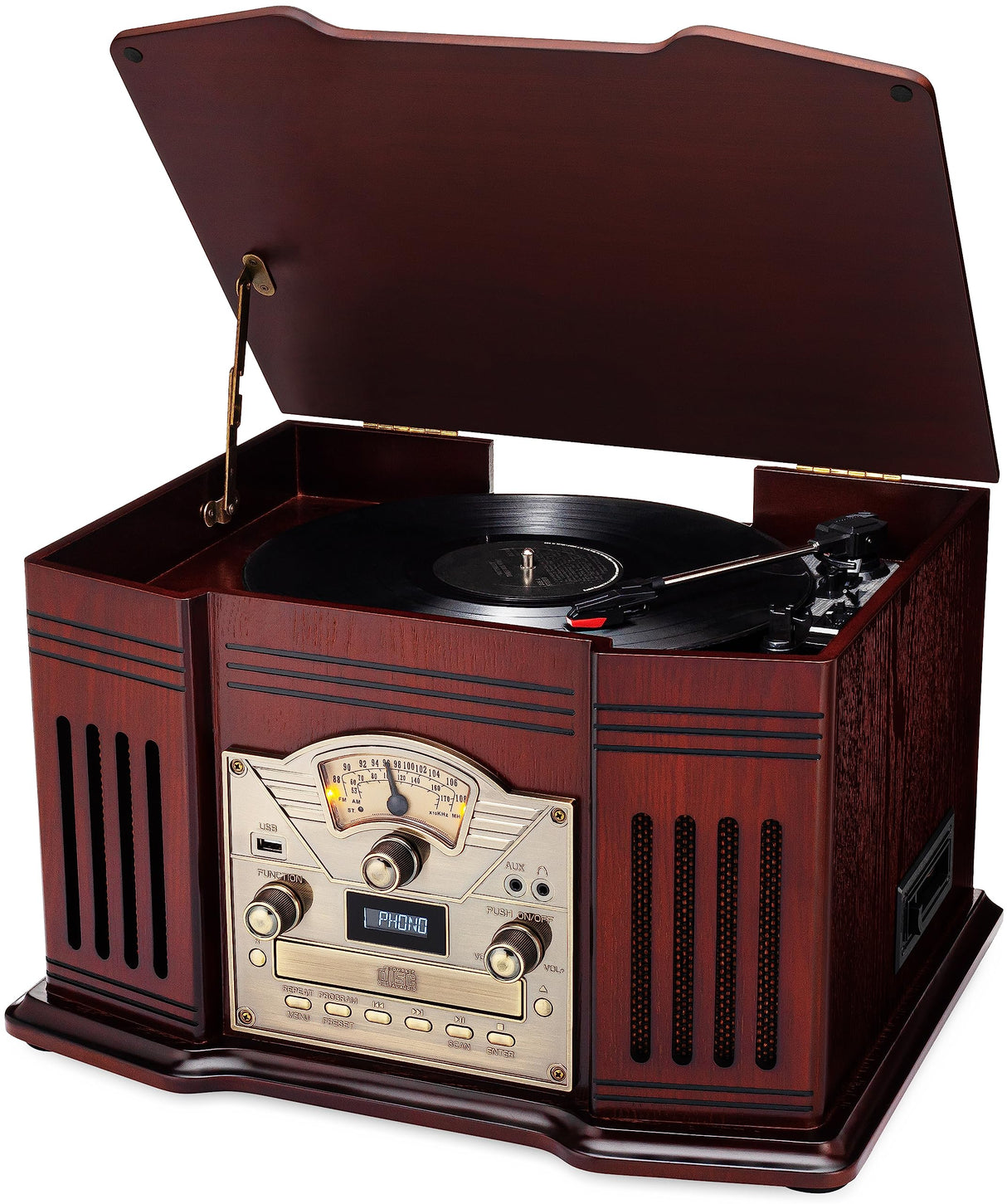 ClearClick All-in-One Turntable with 3-Speed Record Player, Bluetooth, CD, Cassette Tape, AM/FM Radio, Aux, USB, Built-in Speakers, Handmade Wooden Exterior ClearClick